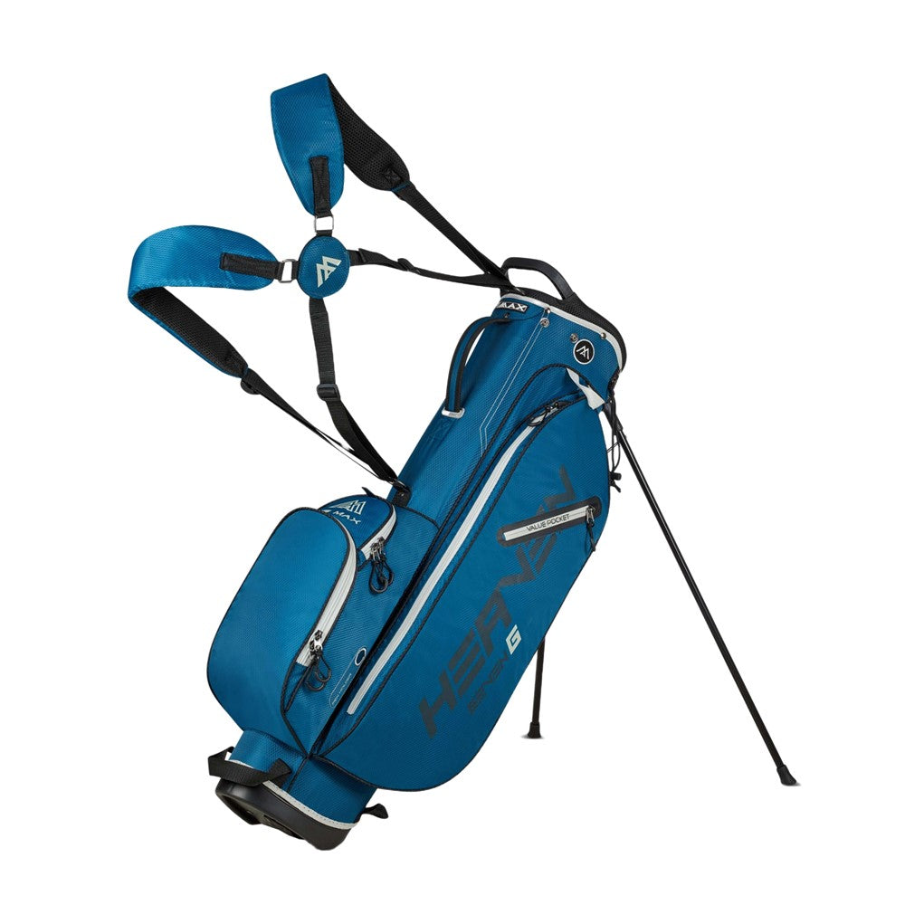 A blue golf stand bag with white accents, featuring padded straps and multiple storage compartments, branded with 'Big Max'.
