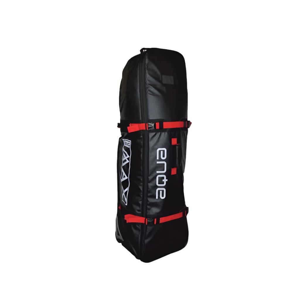 A black and red golf bag travel cover with wheels and a carrying handle.
