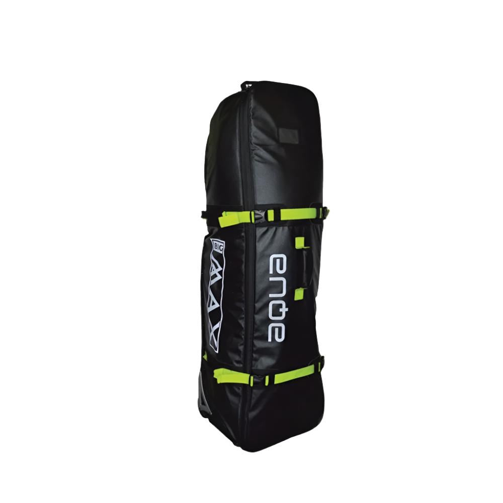 A black and lime green golf bag travel cover with wheels and a carrying handle.