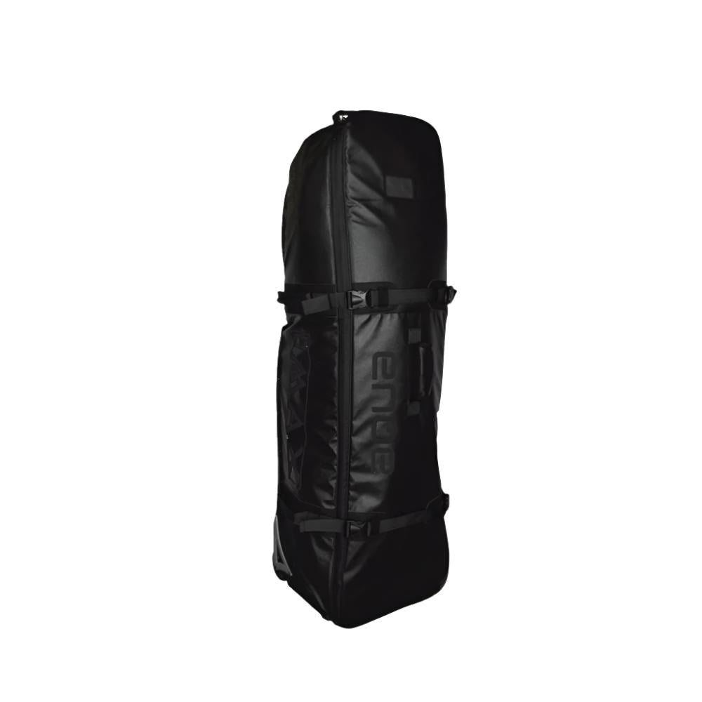 A black golf bag travel cover with wheels and a carrying handle.