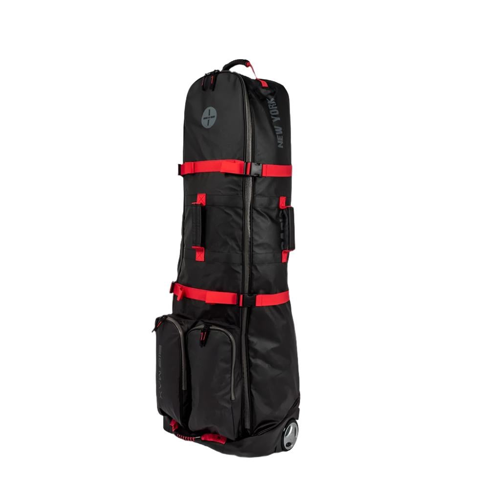 Upright, self-standing golf bag travel cover with black and red color scheme, featuring ball-bearing wheels and an easy-carry handle.