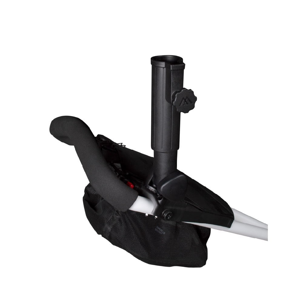 A black umbrella holder attachment for a golf trolley, featuring a adjustable screw on the side and a white detail.