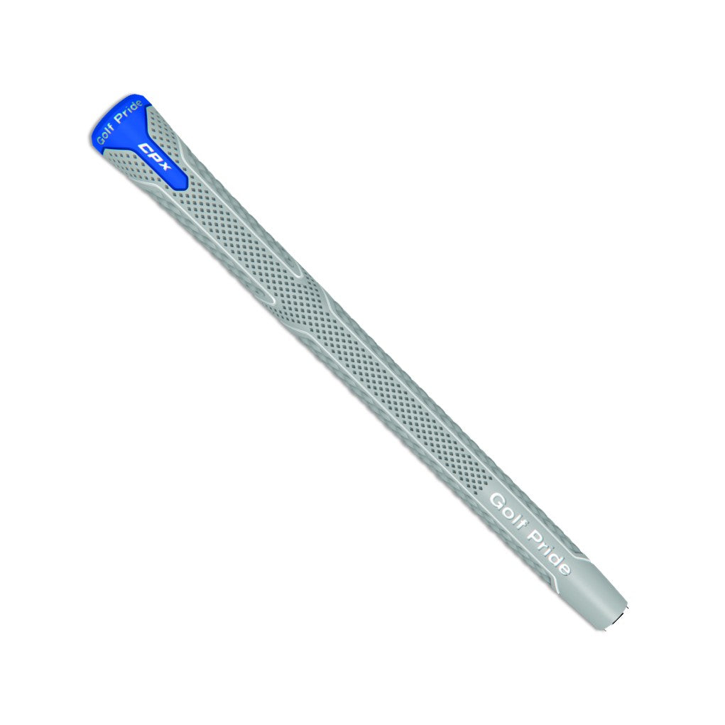 A gray golf club grip with a blue accent, featuring a diamond-quilted pattern.
