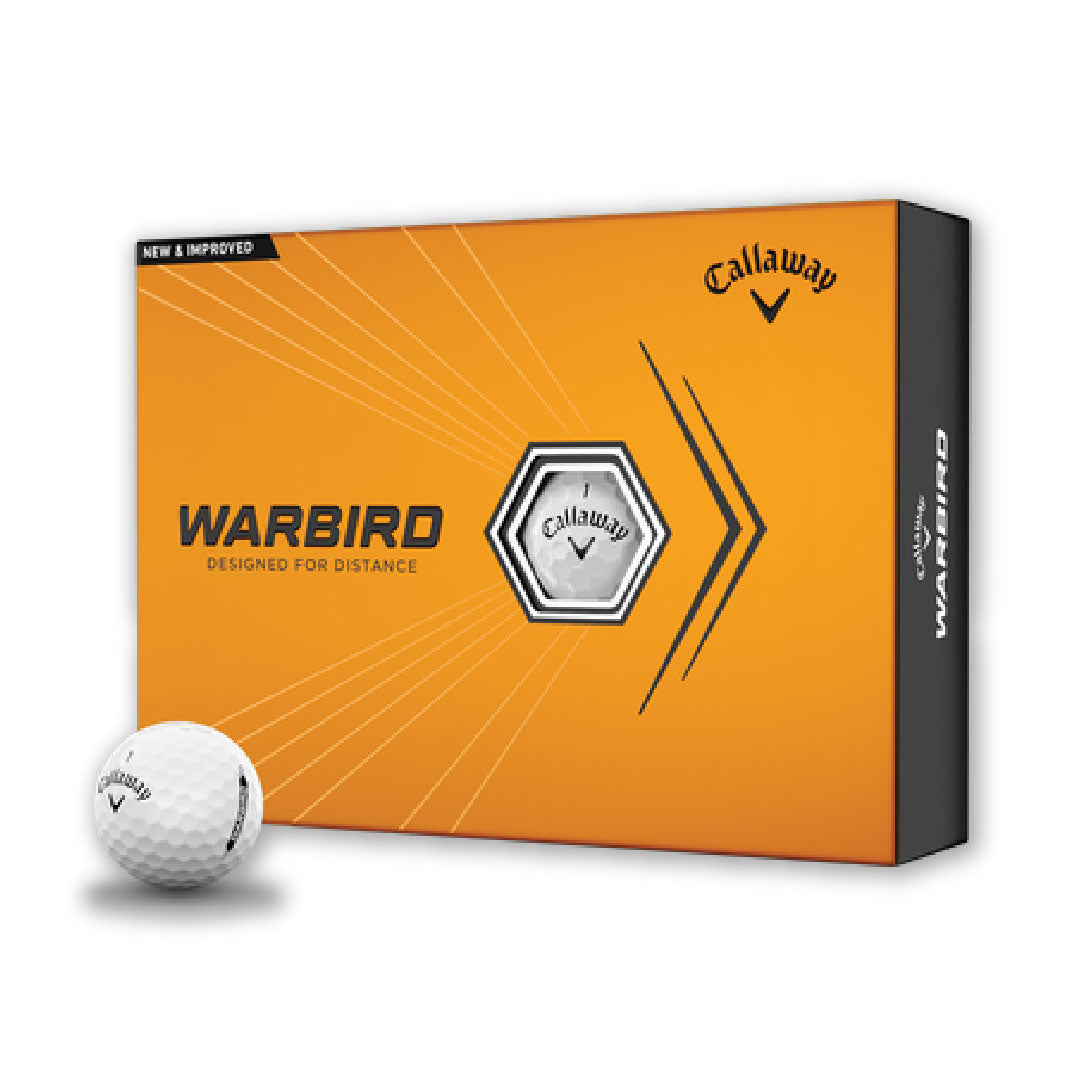 A Callaway Warbird golf ball in white, packaged in an orange and black box with the Callaway logo and 'Warbird - Bringing Tomorrow's Distance' slogan.