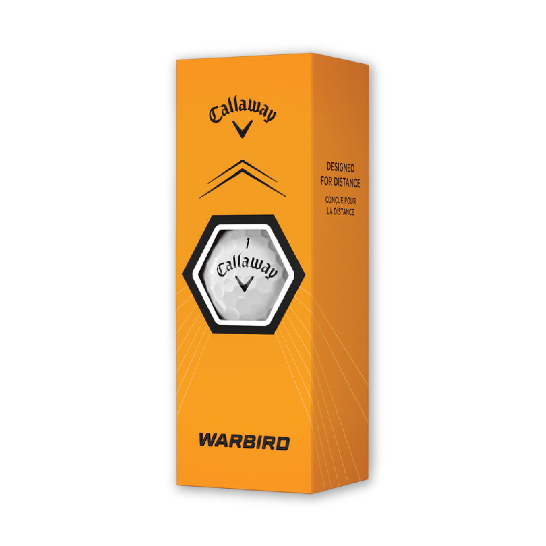 A Callaway Warbird golf ball in white, packaged in an orange and black box with the Callaway logo