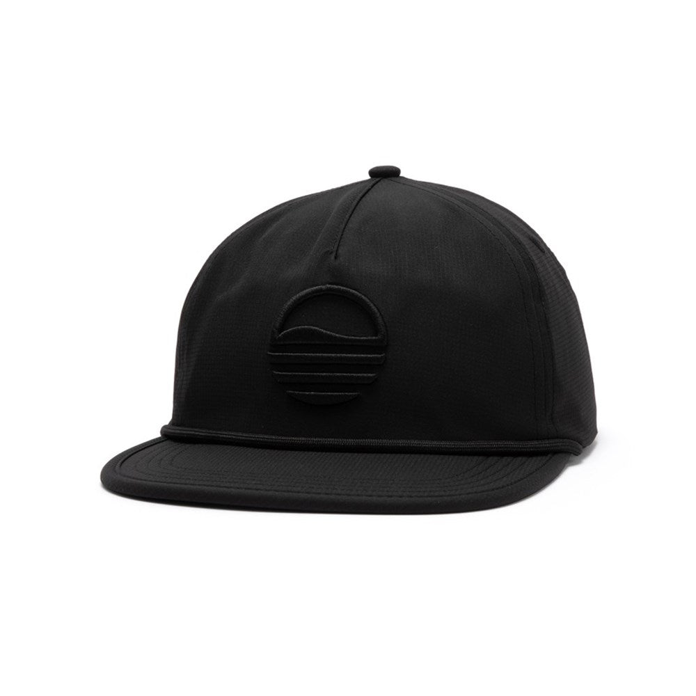 A black golf hat with a subtle rope pattern and a sun logo on the front, featuring a flat brim and snapback closure.