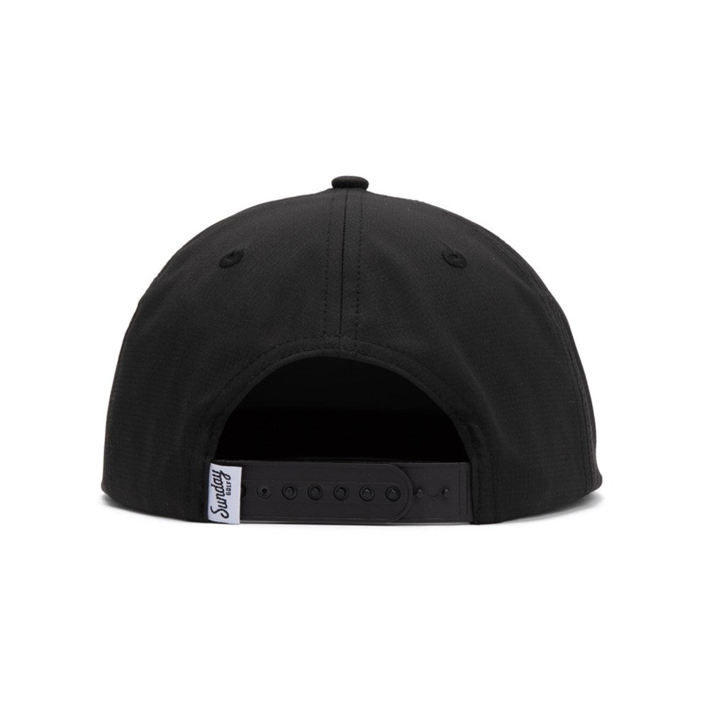 A black golf hat with a subtle rope pattern and a sun logo on the front, featuring a flat brim and snapback closure.