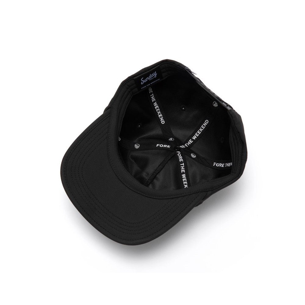 A black golf hat with FORE THE WEEKEND stitching tag inside the snapback