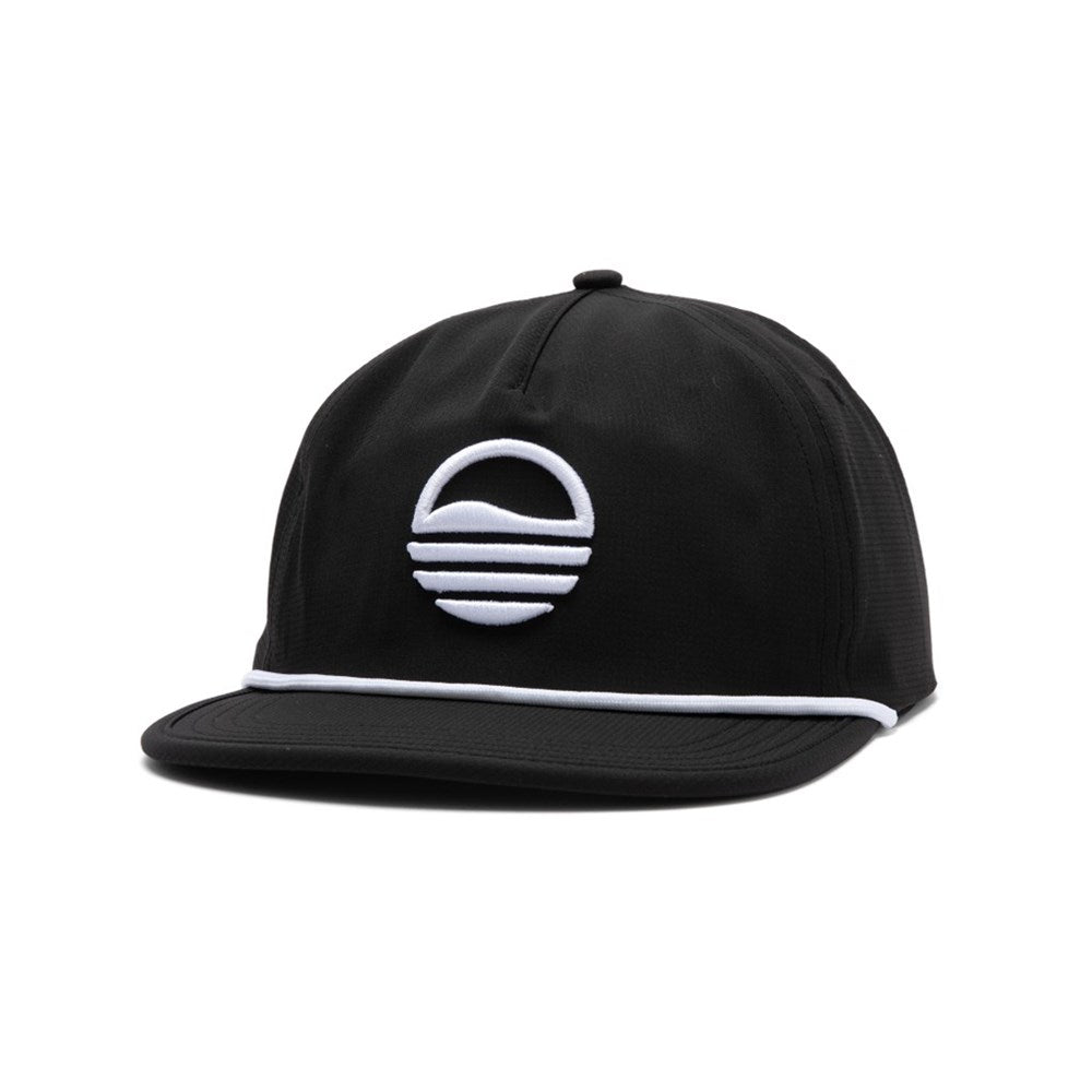 A black golf hat with a white sun logo on the front, featuring a flat brim and a snapback closure.