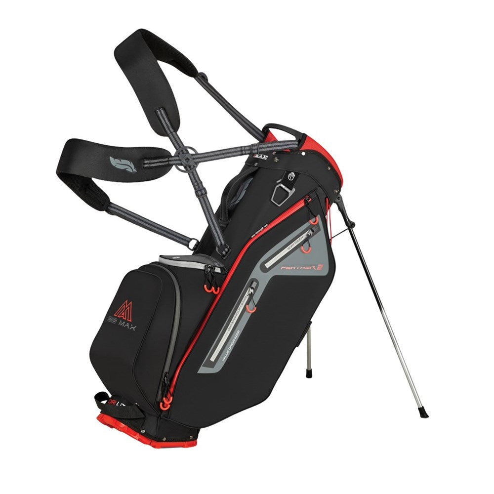 Black and red golf bag with stand on a white background