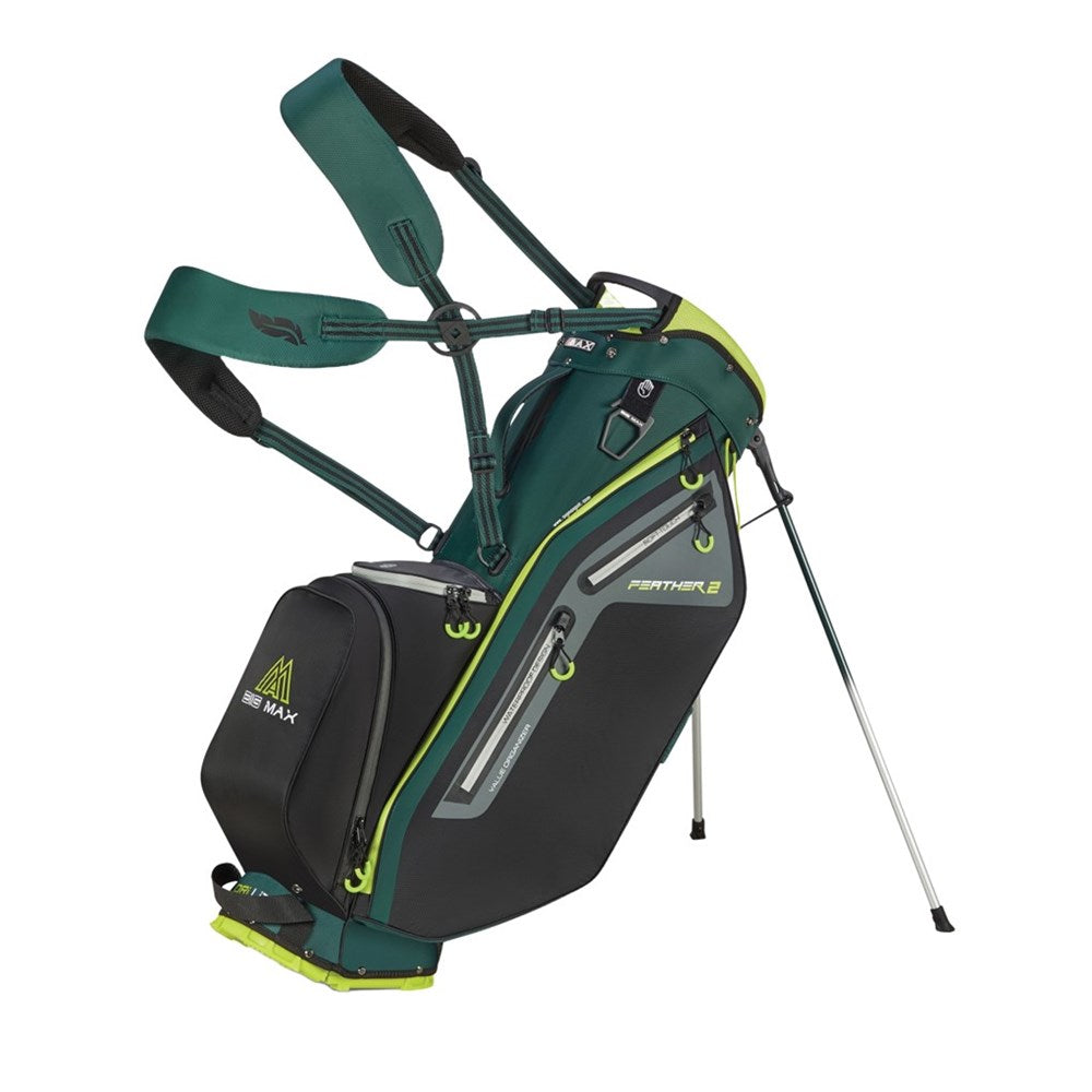 Green and black golf bag with stand on a white background