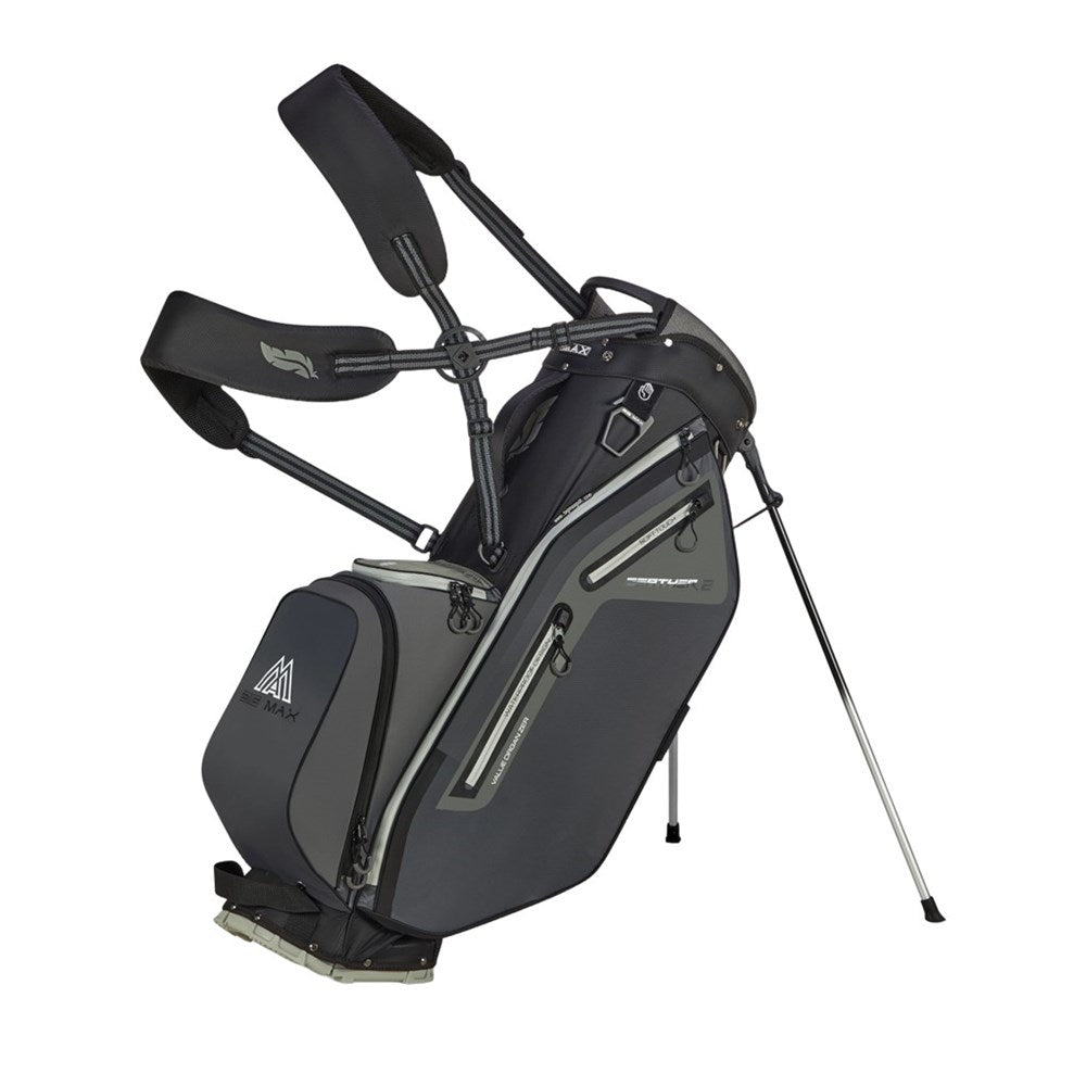 Black golf bag with stand on a white background