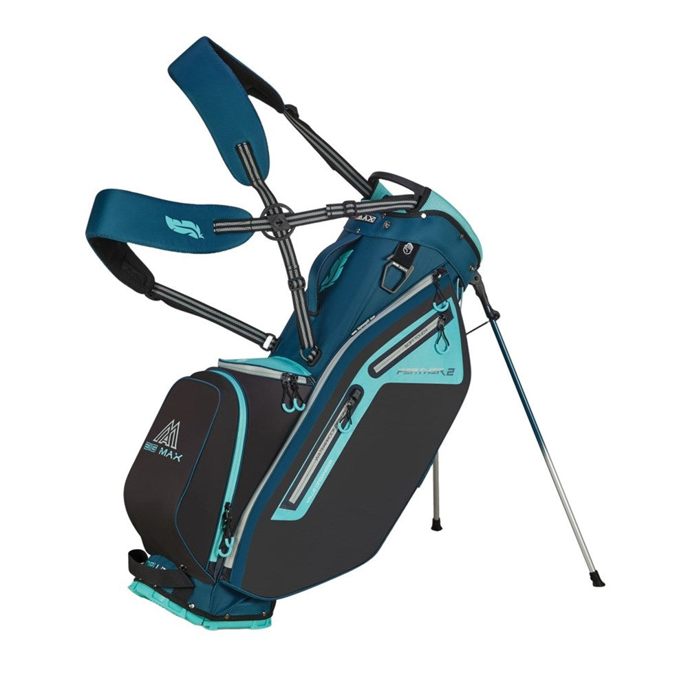 Blue and black golf bag with stand on a white background