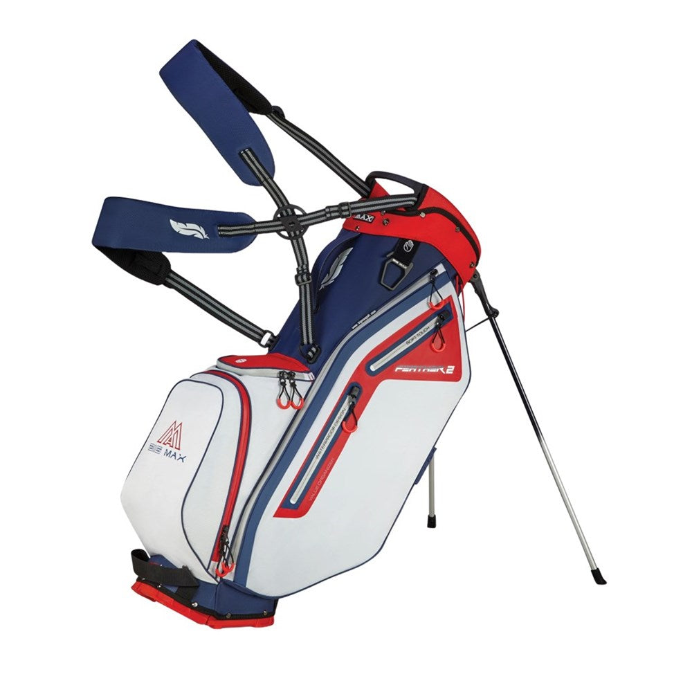 Golf bag with red and blue accents on a white background