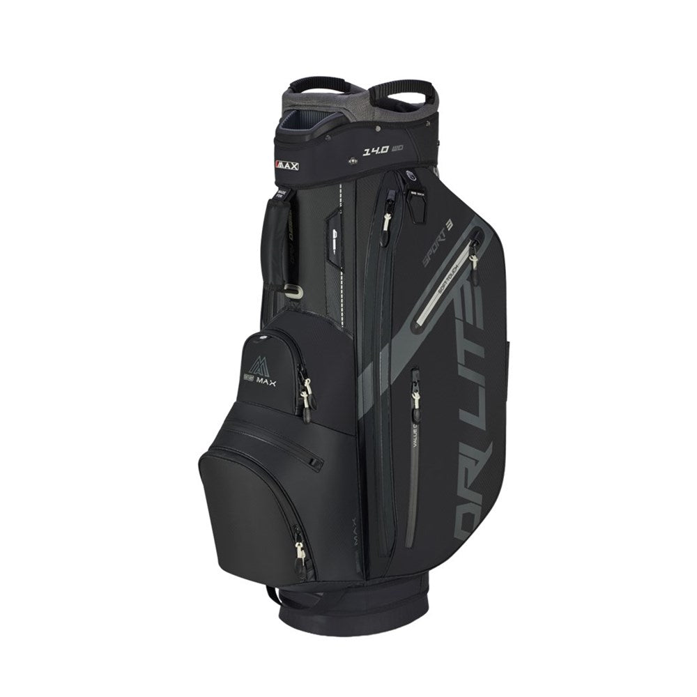 Black golf bag with visible branding on a white background