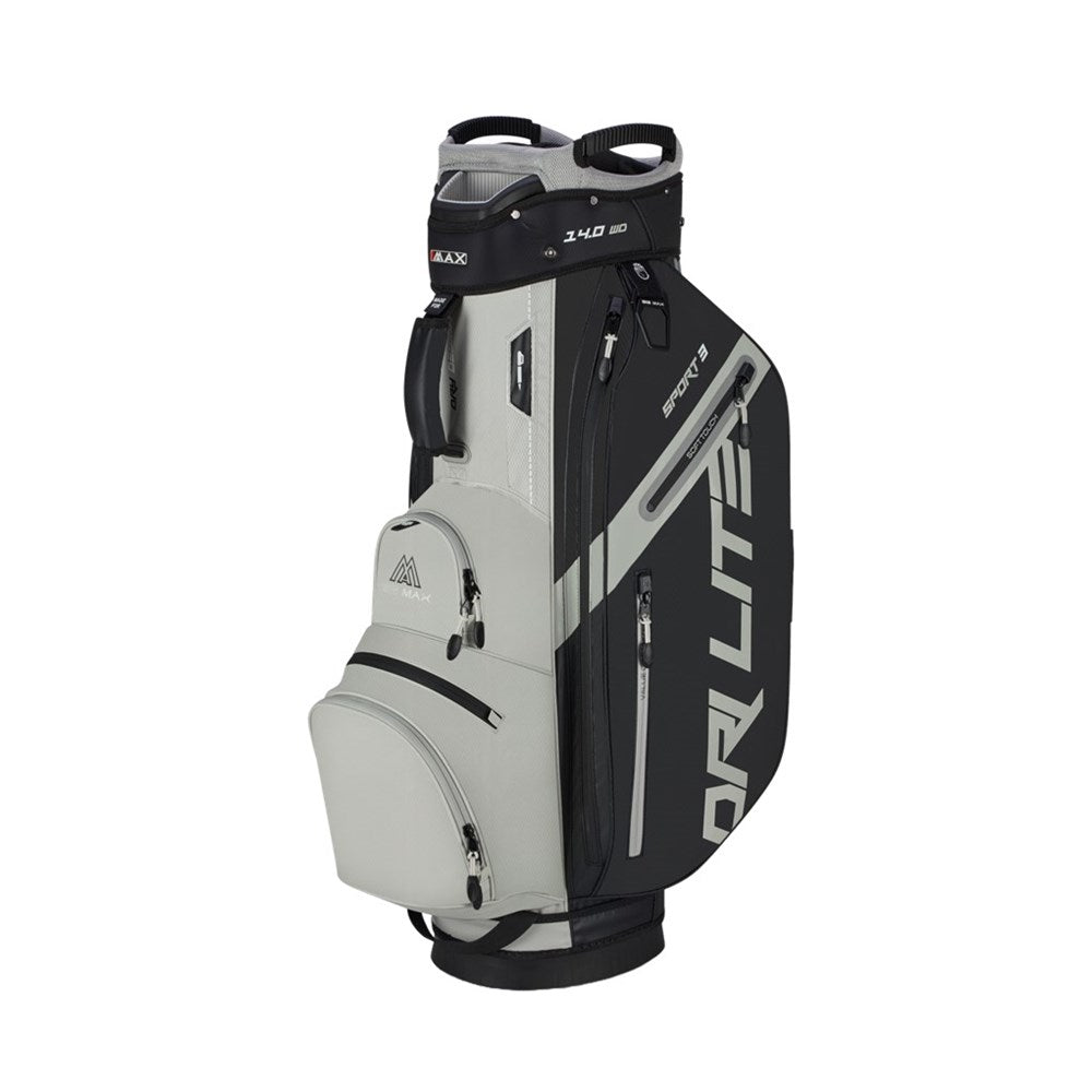 Black and gray golf bag with 'Orlie Lite' branding on a white background
