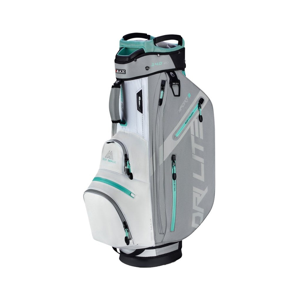 Gray and teal golf bag with visible branding on a white background