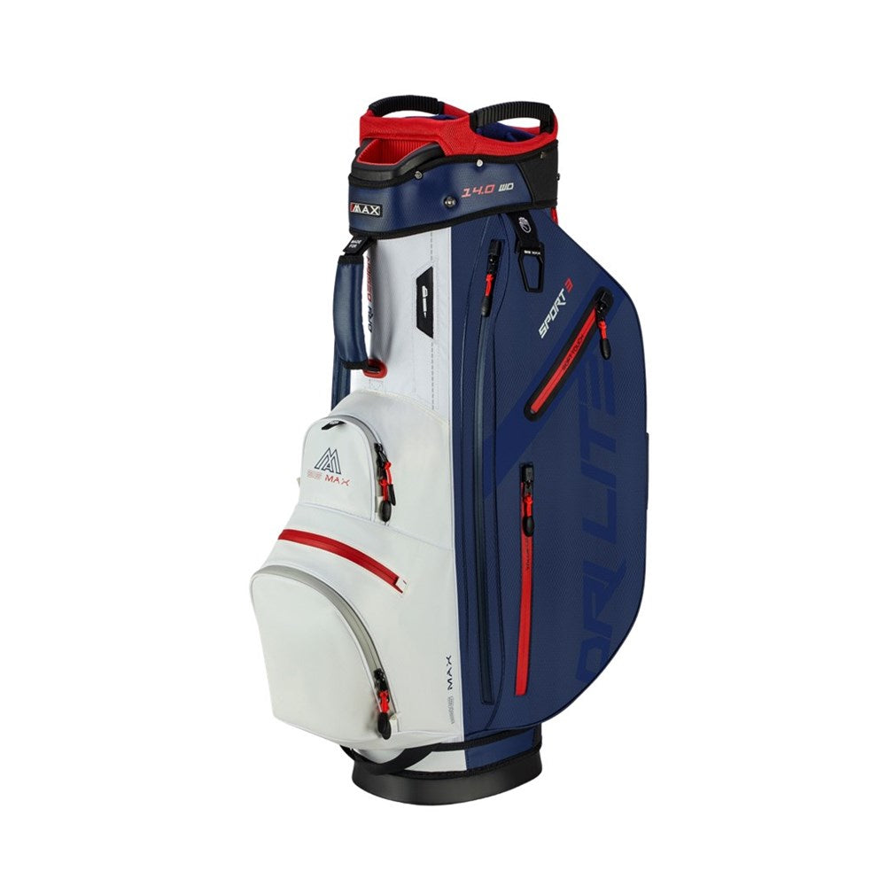 Blue, white, and red golf bag on a white background