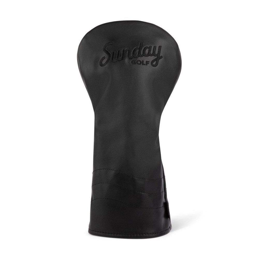 A black vegan leather driver headcover with the Sunday Golf logo on the front.