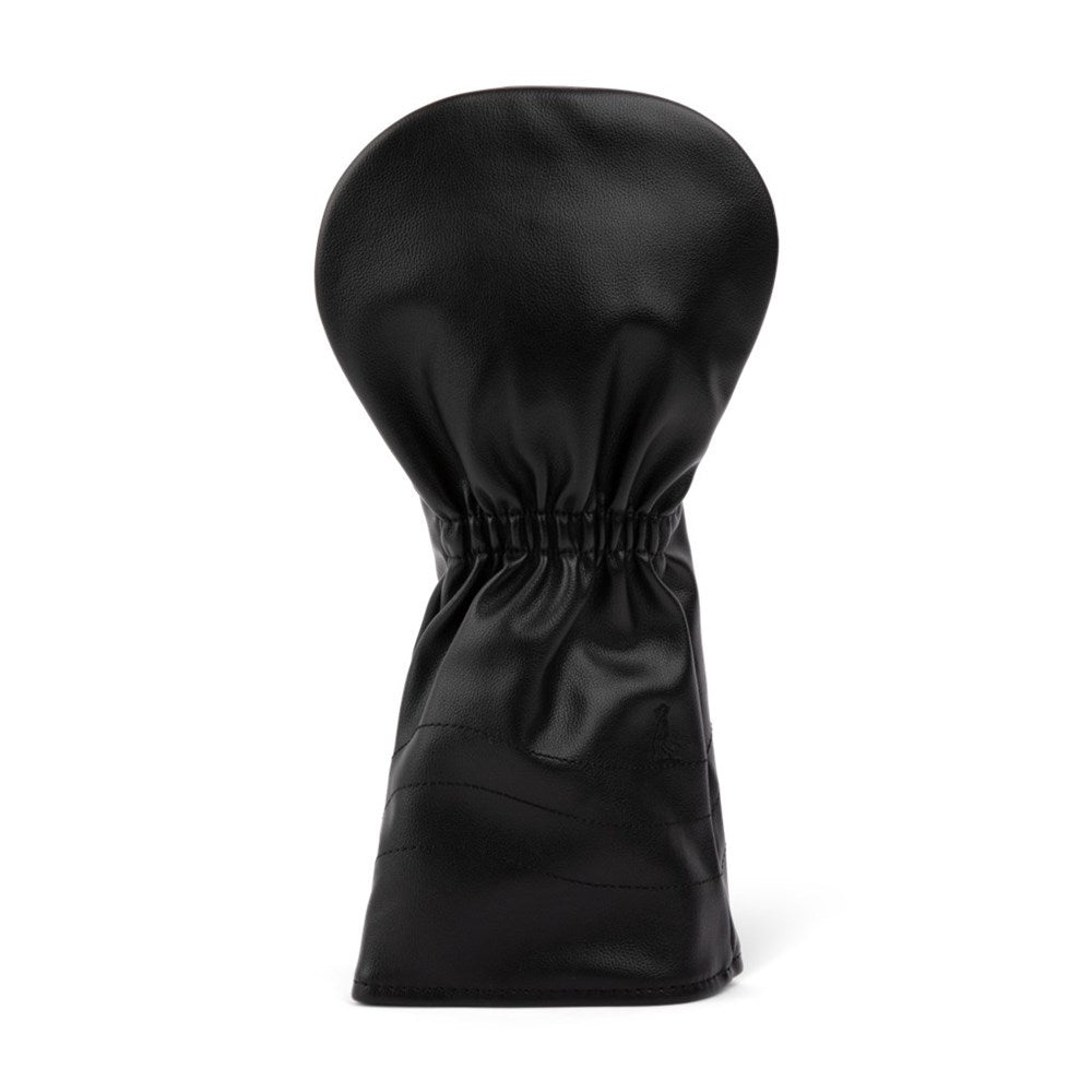 A black vegan leather driver headcover with the Sunday Golf logo on the front.