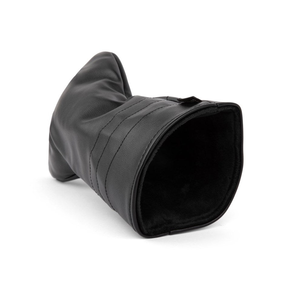 A black vegan leather driver headcover with the Sunday Golf logo on the front.