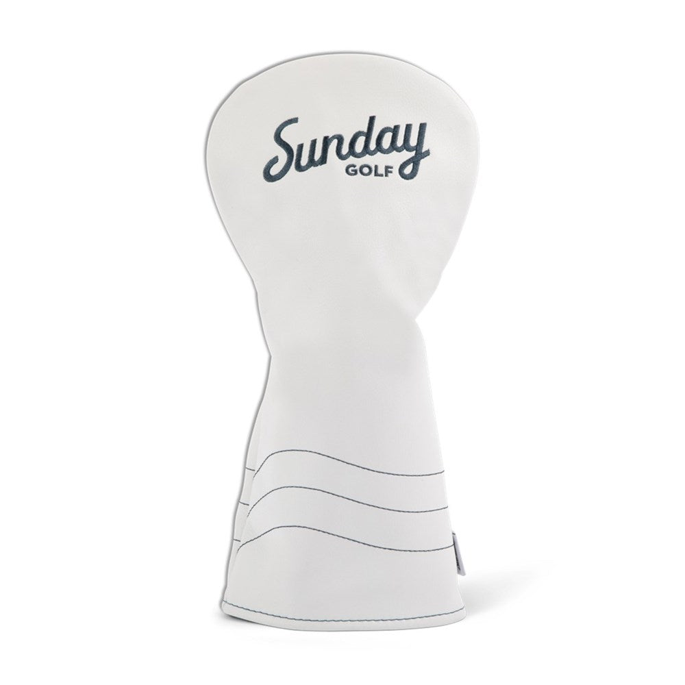A white and navy vegan leather golf driver headcover with the text 'Sunday Golf' on it.