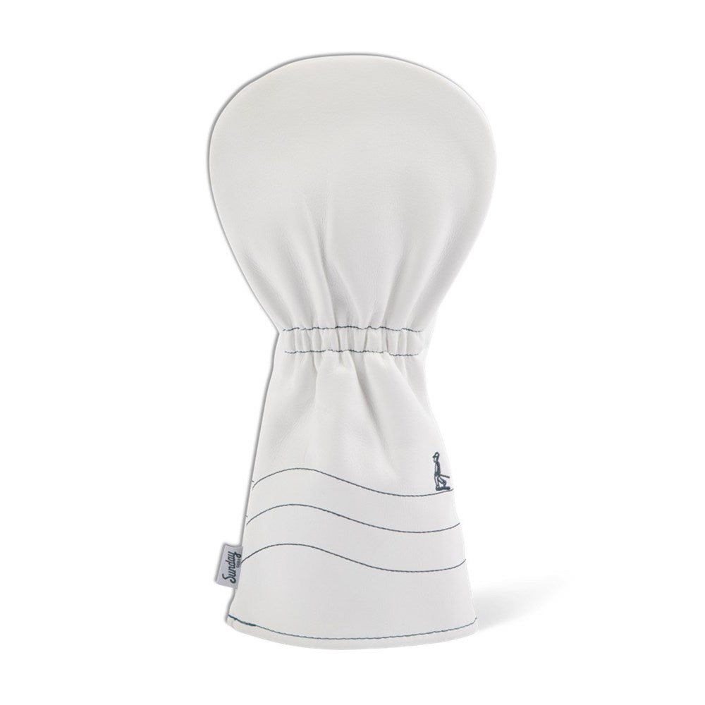 A white and navy vegan leather golf driver headcover with the text 'Sunday Golf' on it.