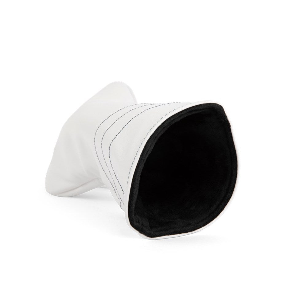 A white and navy vegan leather golf driver headcover with the text 'Sunday Golf' on it.