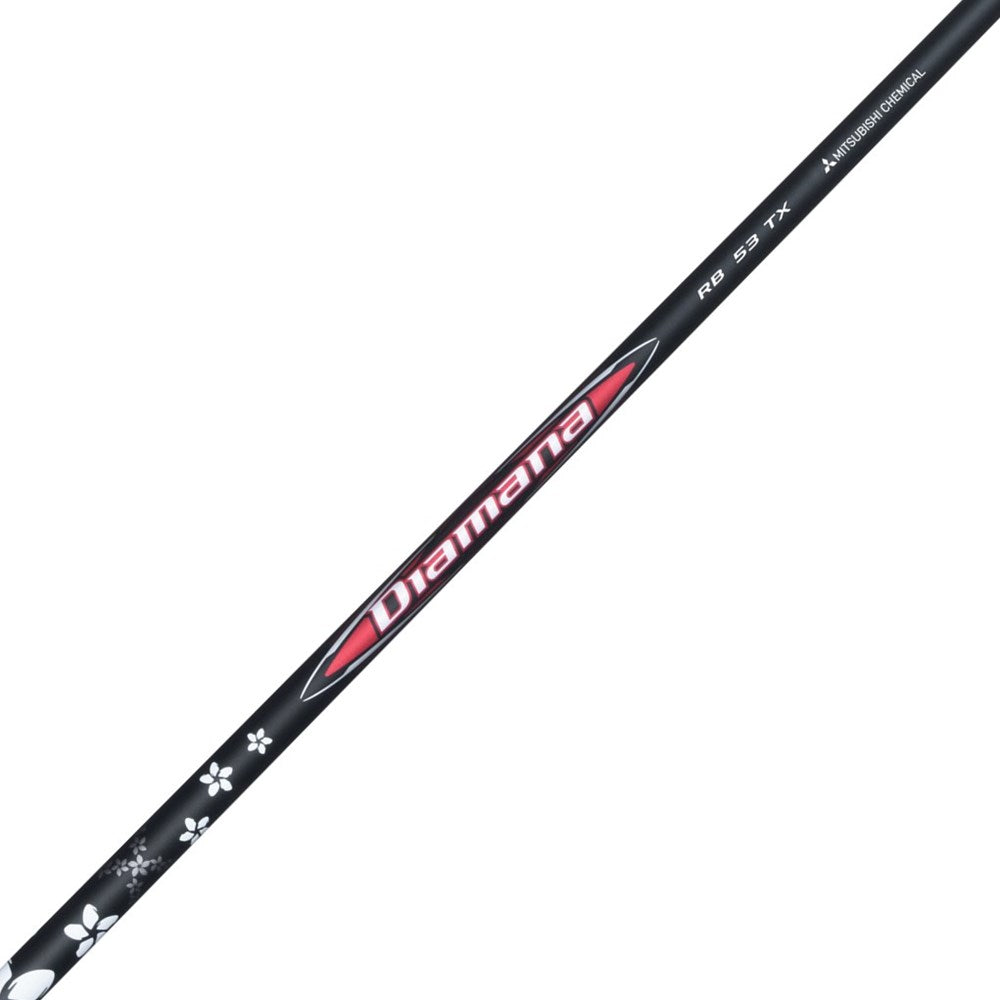 A black golf club shaft with red and white branding text, and small white flowers along the length.