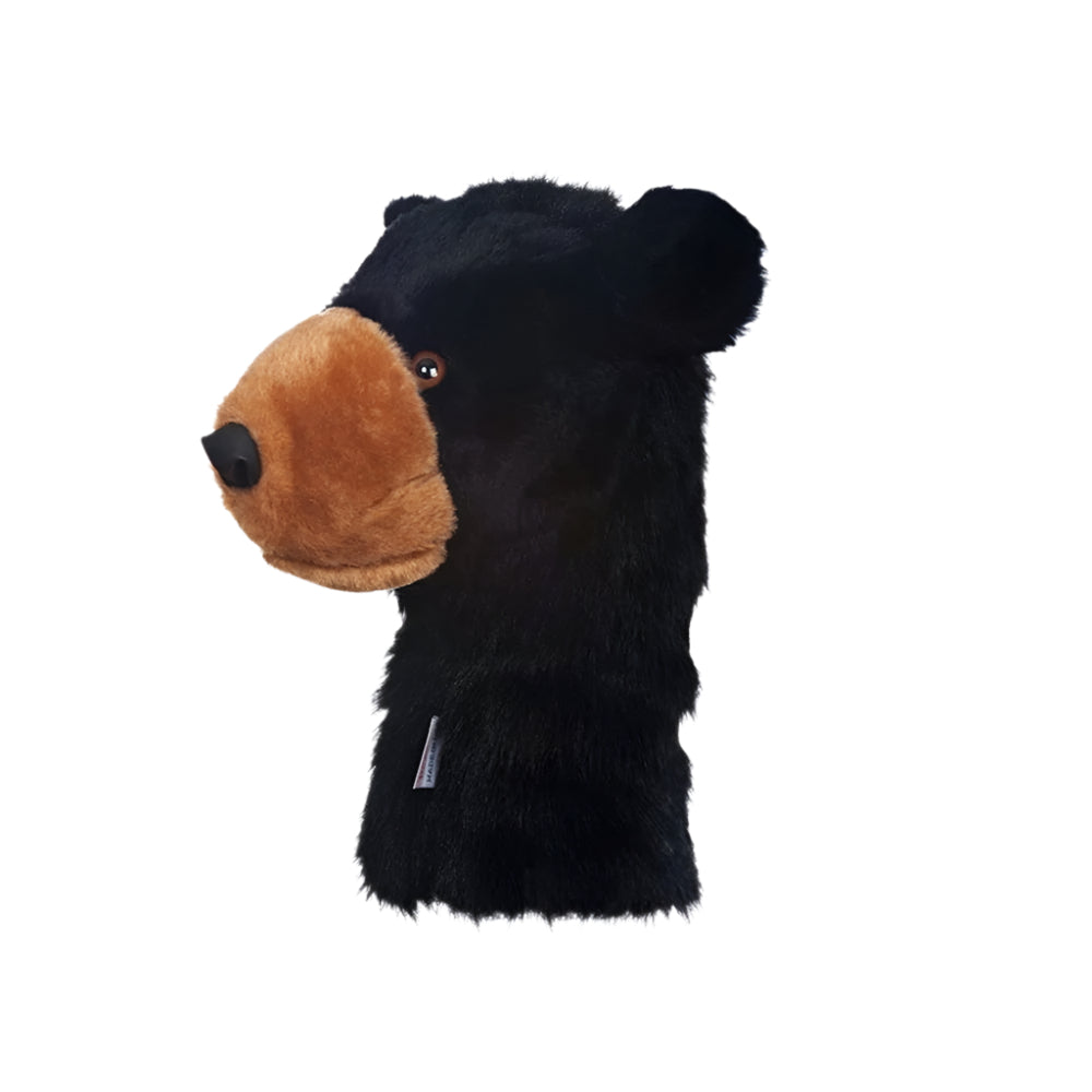 Golf club headcover designed to resemble a bear's head, primarily black with a brown nose and eyes, and a inner lining visible at the top.