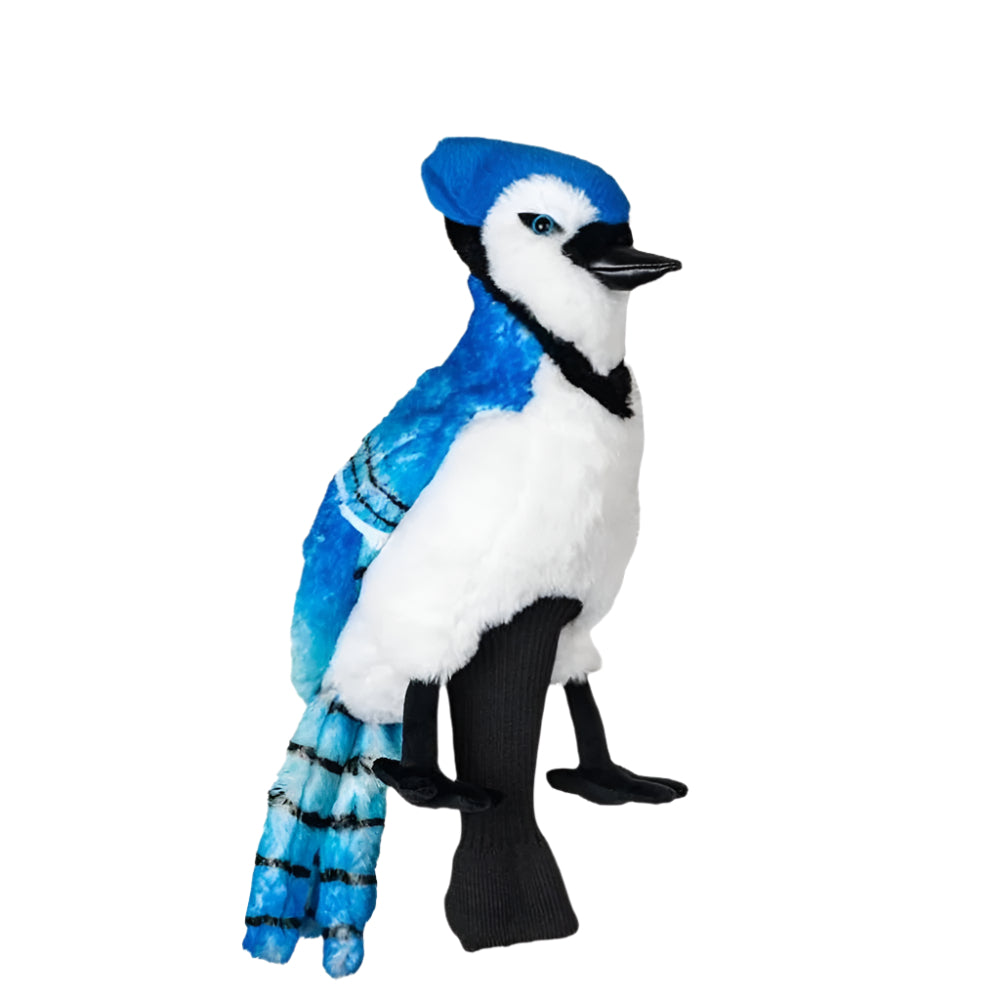 A synthetic golf club headcover designed to resemble a blue bird with black legs.