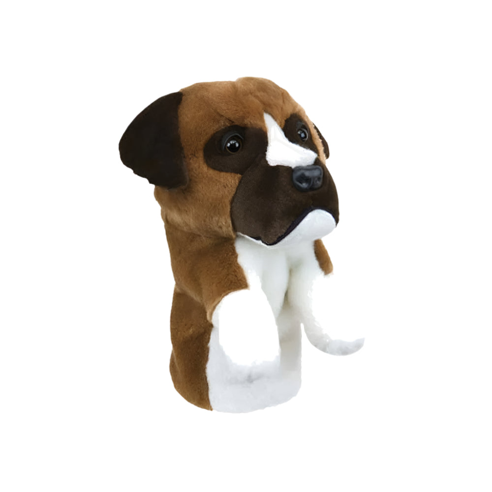 Golf club headcover featuring a plush representation of a dog's head, with brown, white, and black colors.