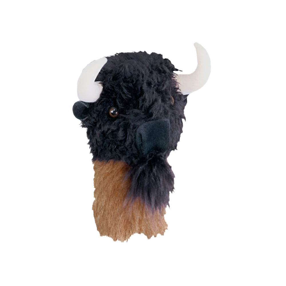 A synthetic headcover designed to resemble a buffalo, with black and brown colors and white horns.