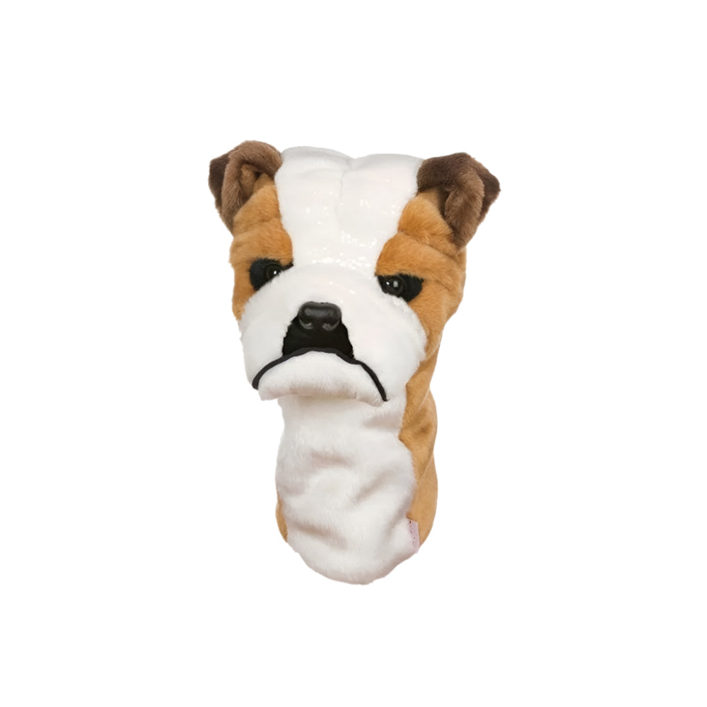 Golf club headcover designed to resemble a dog's head, primarily white with brown and black markings.