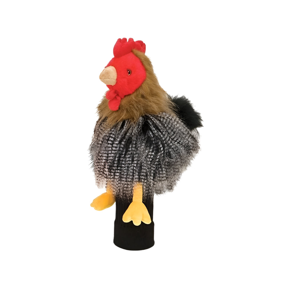 A multicolored golf club headcover designed to resemble a chicken with a black body and red head.