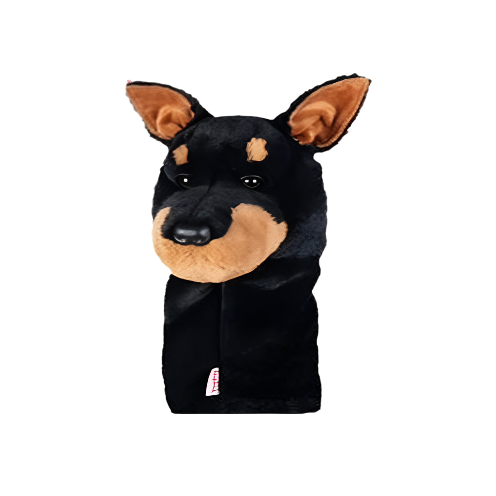 Golf club headcover designed to resemble a dog's head, predominantly black with brown around the 'eyes' and 'nose', on a patterned background with 'Daphne's Headcovers' branding and the 'VIN' logo.