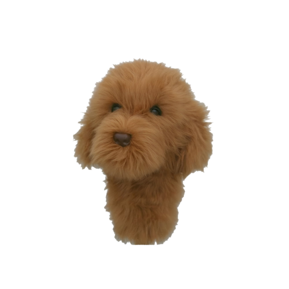 A brown synthetic headcover designed to resemble a dog's head, intended for use on golf clubs.