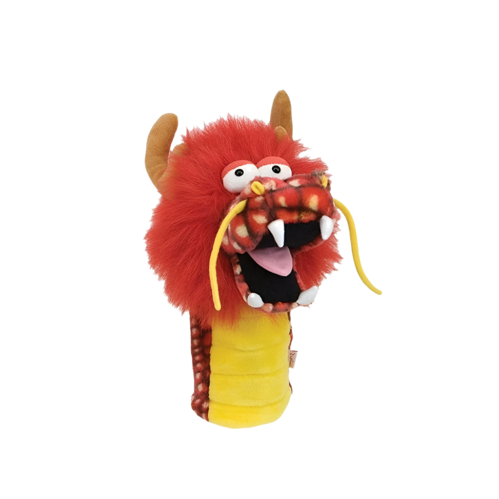 A multicolored golf club headcover featuring a cartoonish dragon design with red being the dominant color.