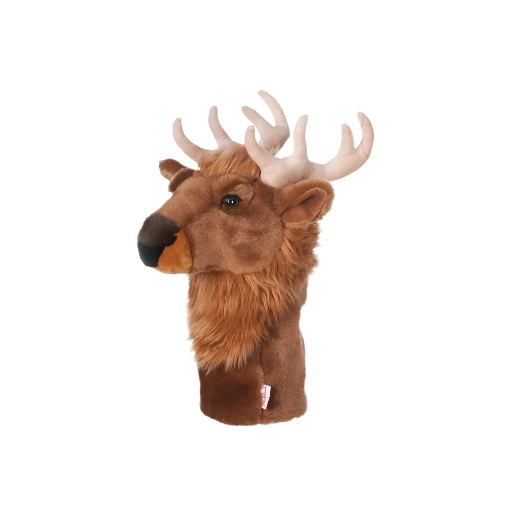 A brown golf club headcover designed to resemble a deer with antlers.