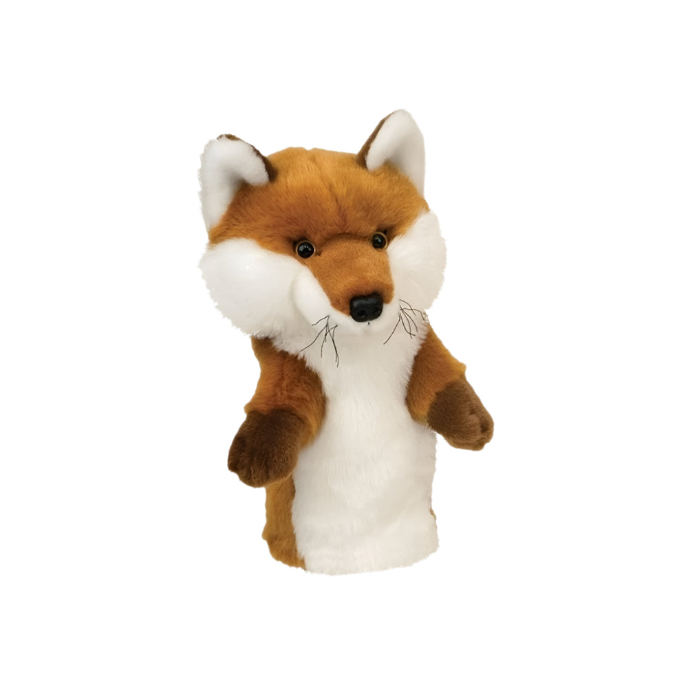 A plush golf club headcover designed to look like a fox with a brown, white, and black color scheme.