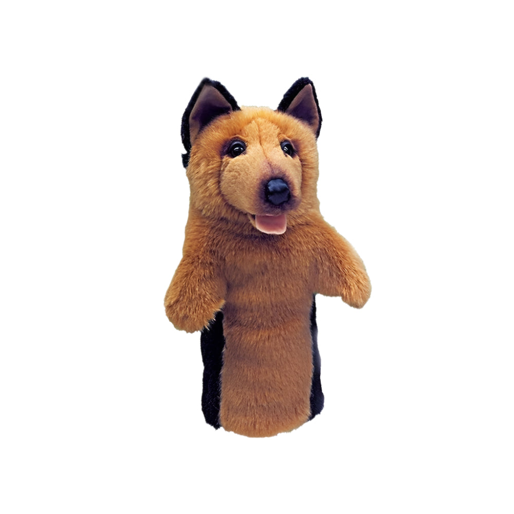 A plush golf club headcover designed to resemble a dog with a brown, black, and white color scheme.
