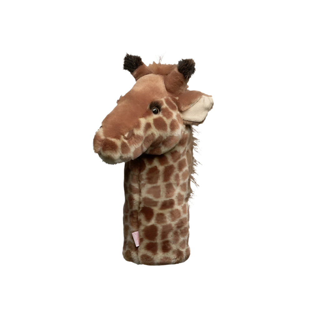 Golf club headcover designed to resemble a giraffe's head, primarily in brown tones.