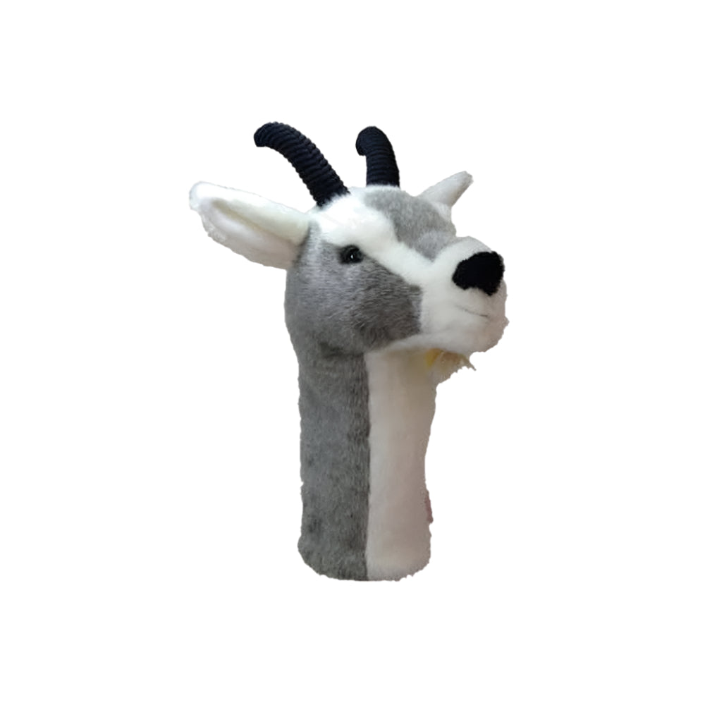 A synthetic headcover designed to resemble a goat, intended for use on a golf club.