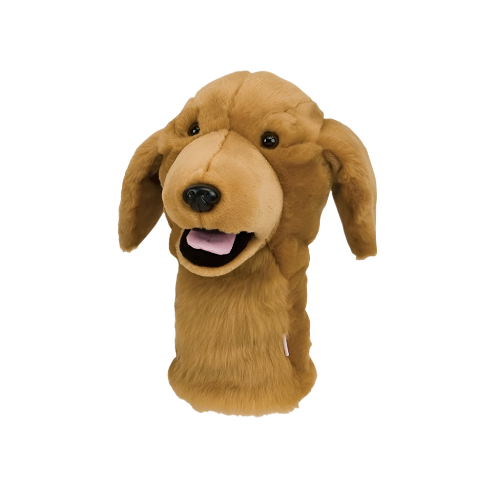 Golf club headcover designed to look like a dog's head, with a happy facial expression.