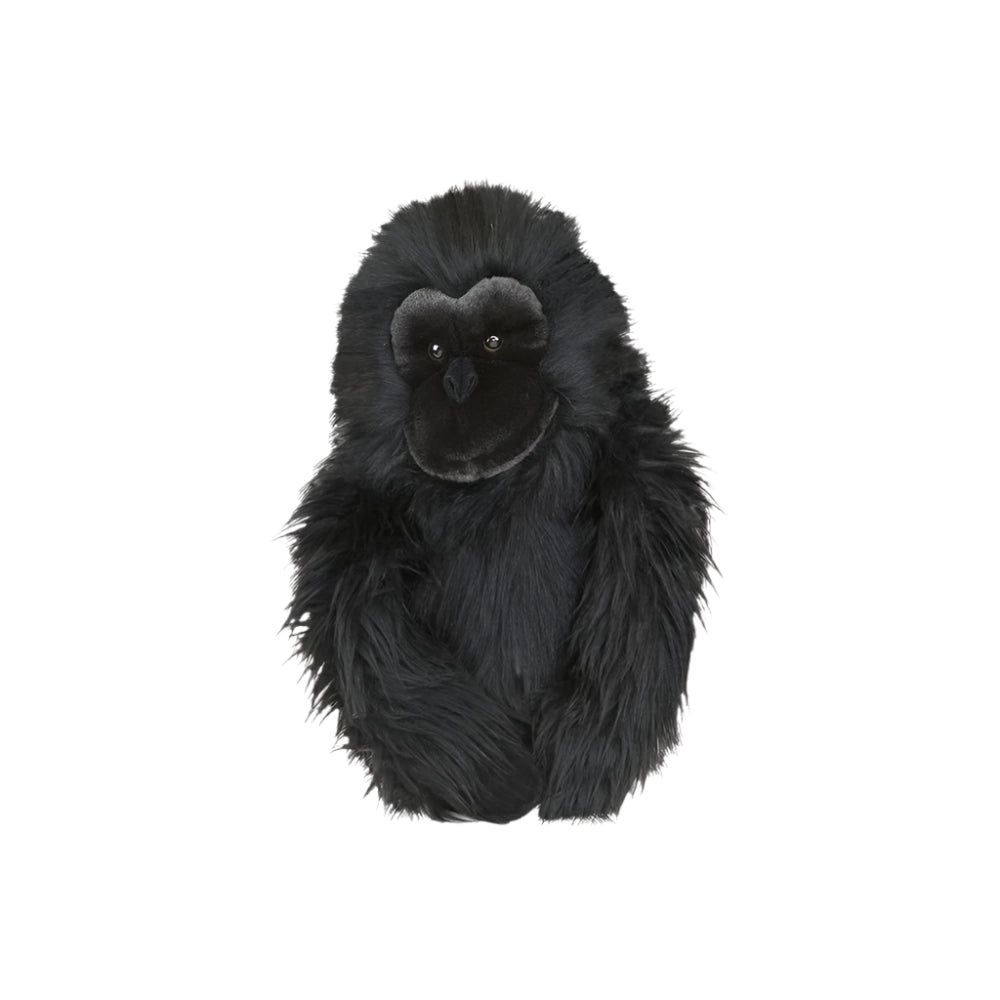 A synthetic black sheepskin golf club headcover featuring a design of a monkey's head.