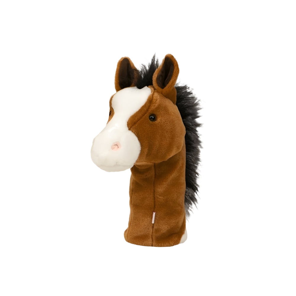 A brown golf club headcover designed to resemble a horse with a white face and black mane.