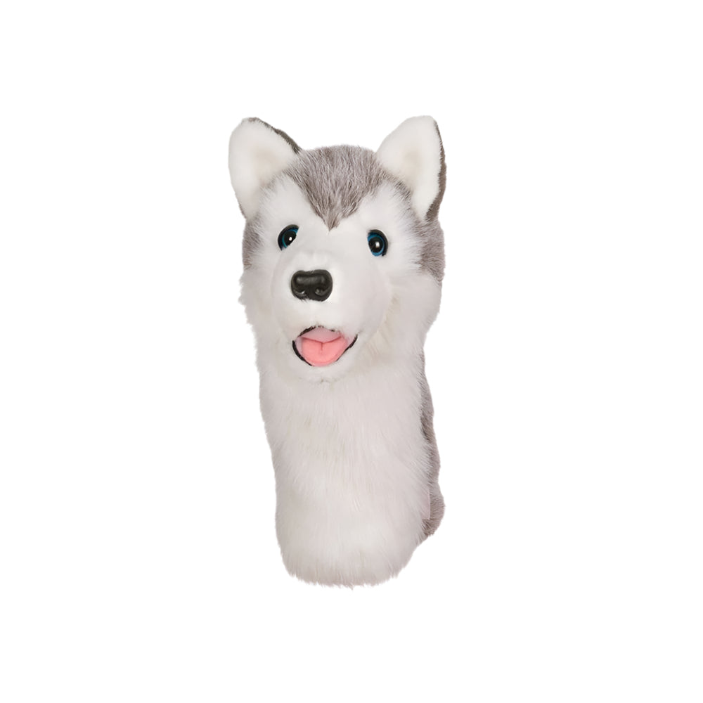 Golf club headcover designed to resemble a husky dog with a tongue sticking out.