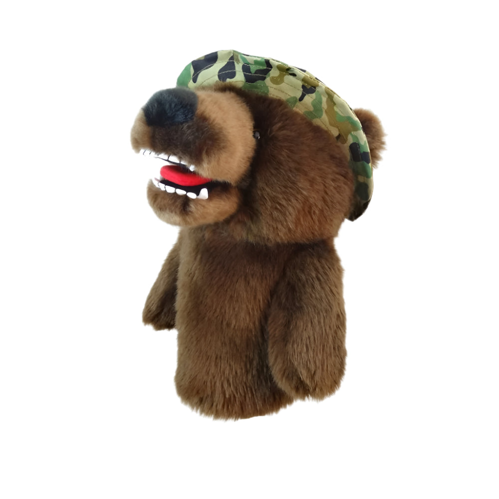 A brown golf club headcover designed to resemble a bear wearing a camouflage hat.