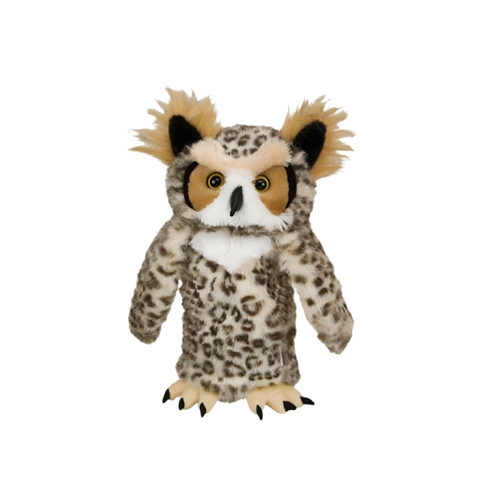 A plush golf club headcover designed to resemble an owl with a beige, brown, and gray color pattern.