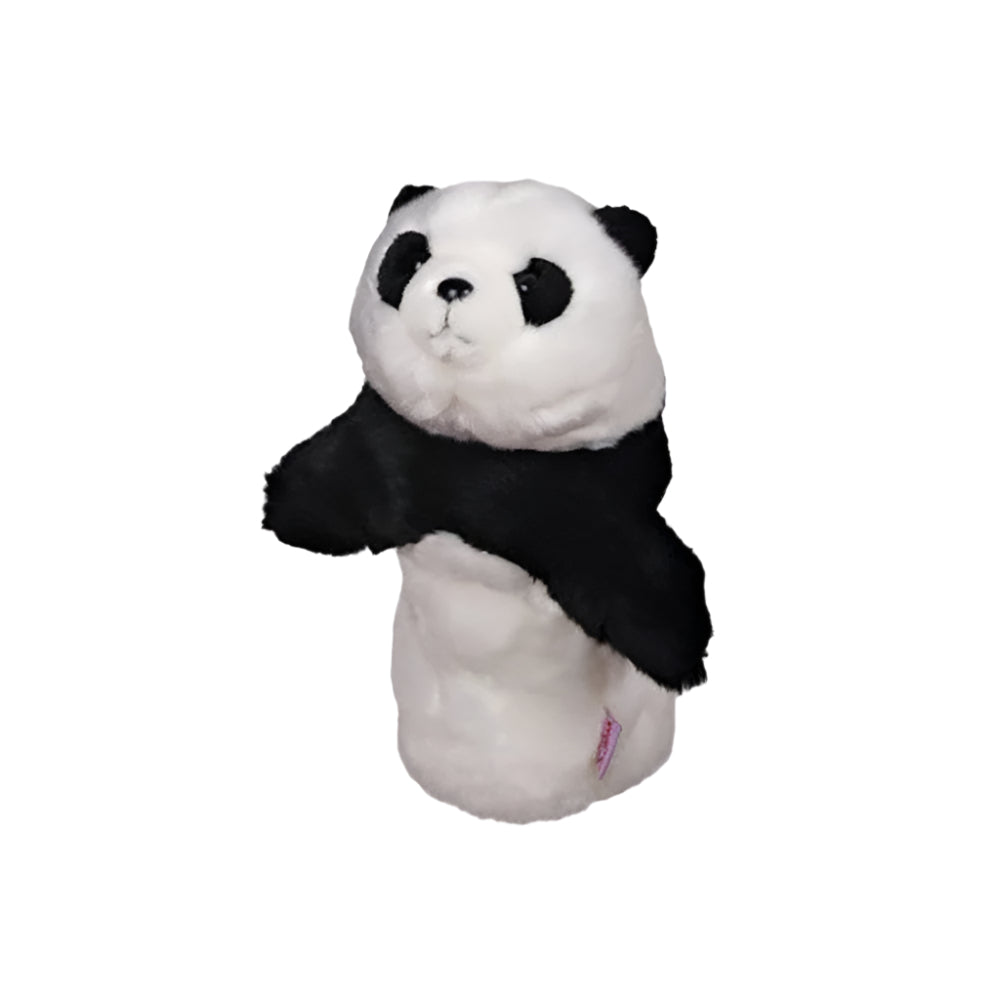 Golf club headcover designed as a cartoon panda with a black scarf.